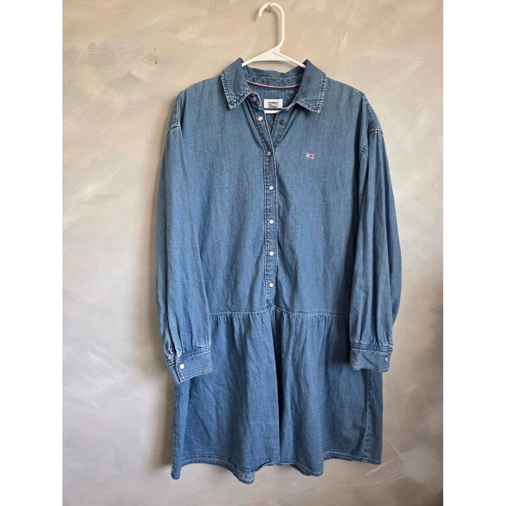 Tommy Jeans Chambray Shirt Dress Blue Denim Pearl Snap Sz L